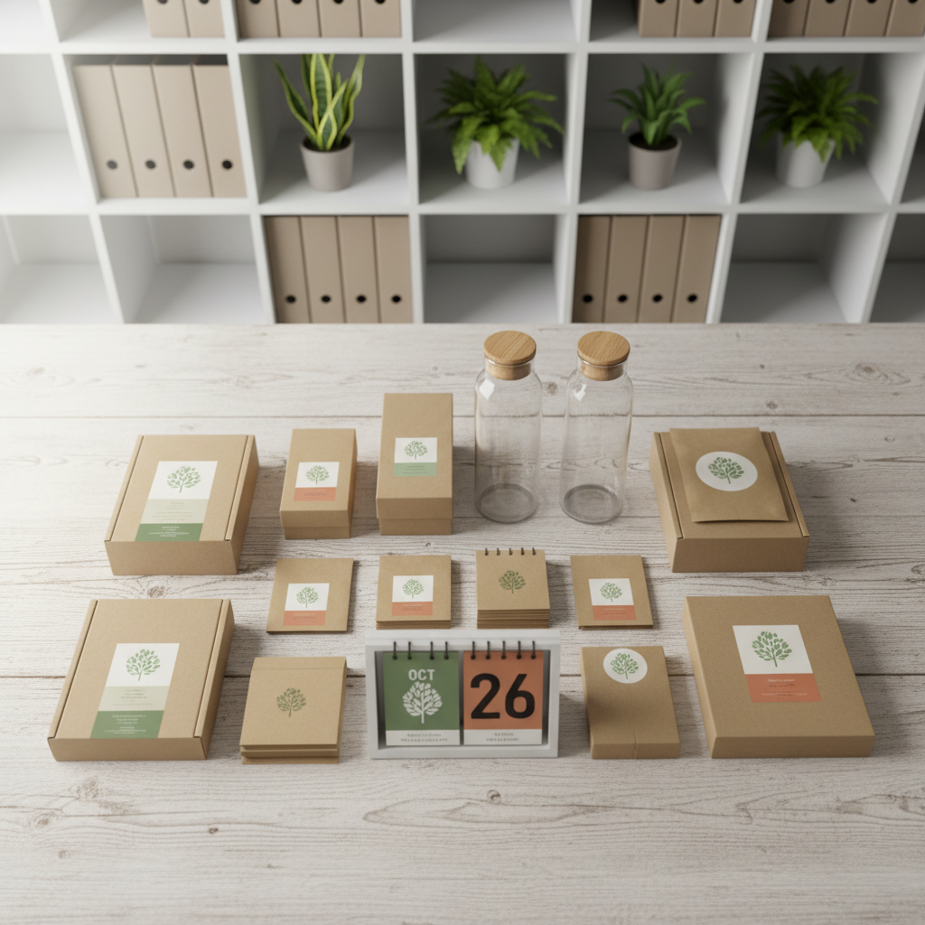A meticulously arranged collection of environmentally conscious products such as reusable glass water bottles, biodegradable packaging made of unbleached paper, and a mechanical, paper-based desktop calendar featuring earth-tone accents. These items rest neatly on a light, textured reclaimed wood surface in a bright, airy workspace with a background of organized white shelving holding orderly binders and plants. Soft studio lighting washes gently from the left, illuminating the products, creating subtle highlights and smooth gradients across surfaces. Captured from an overhead bird’s eye perspective with balanced, structured composition and clean lines, the mood is refined yet approachable. The image style is photographic, minimalist, and tailored to a professional nonprofit context.