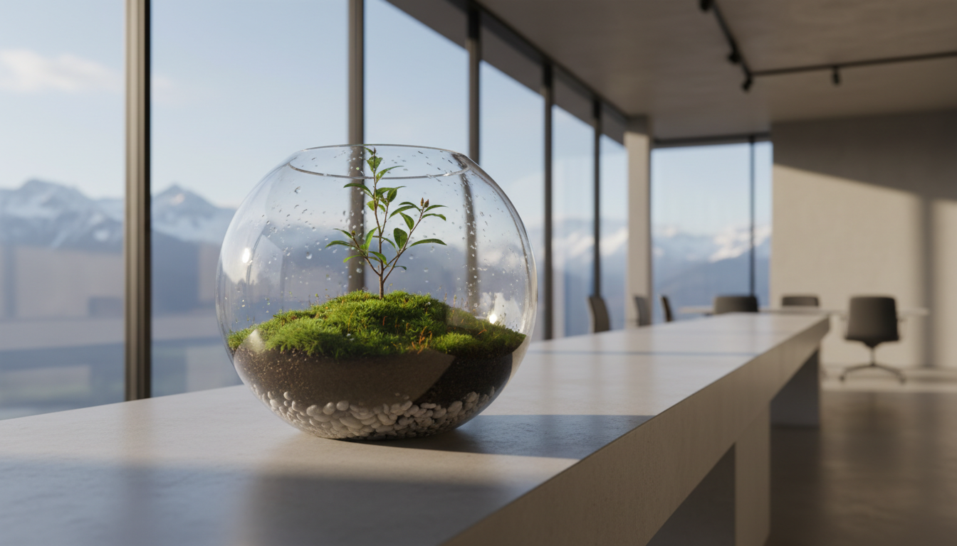 A small, round, glass terrarium containing a miniature, thriving green ecosystem with layers of natural moss, fine pebbles, and a tiny budding sapling rooted in dark, nutrient-rich soil. The terrarium is placed on a flawless concrete slab in a modern, neutral-toned meeting room with uncluttered glass walls and a backdrop of distant Swiss mountains through the window. Early morning sunlight filters in softly, creating a gentle contrast and delicate reflections on the glass. Captured from a low-angle side perspective, the image centers the terrarium in the frame, emphasizing serenity and balance. The aesthetic is clean, photographic, and structured, supporting the theme of sustainable growth and environmental stewardship.