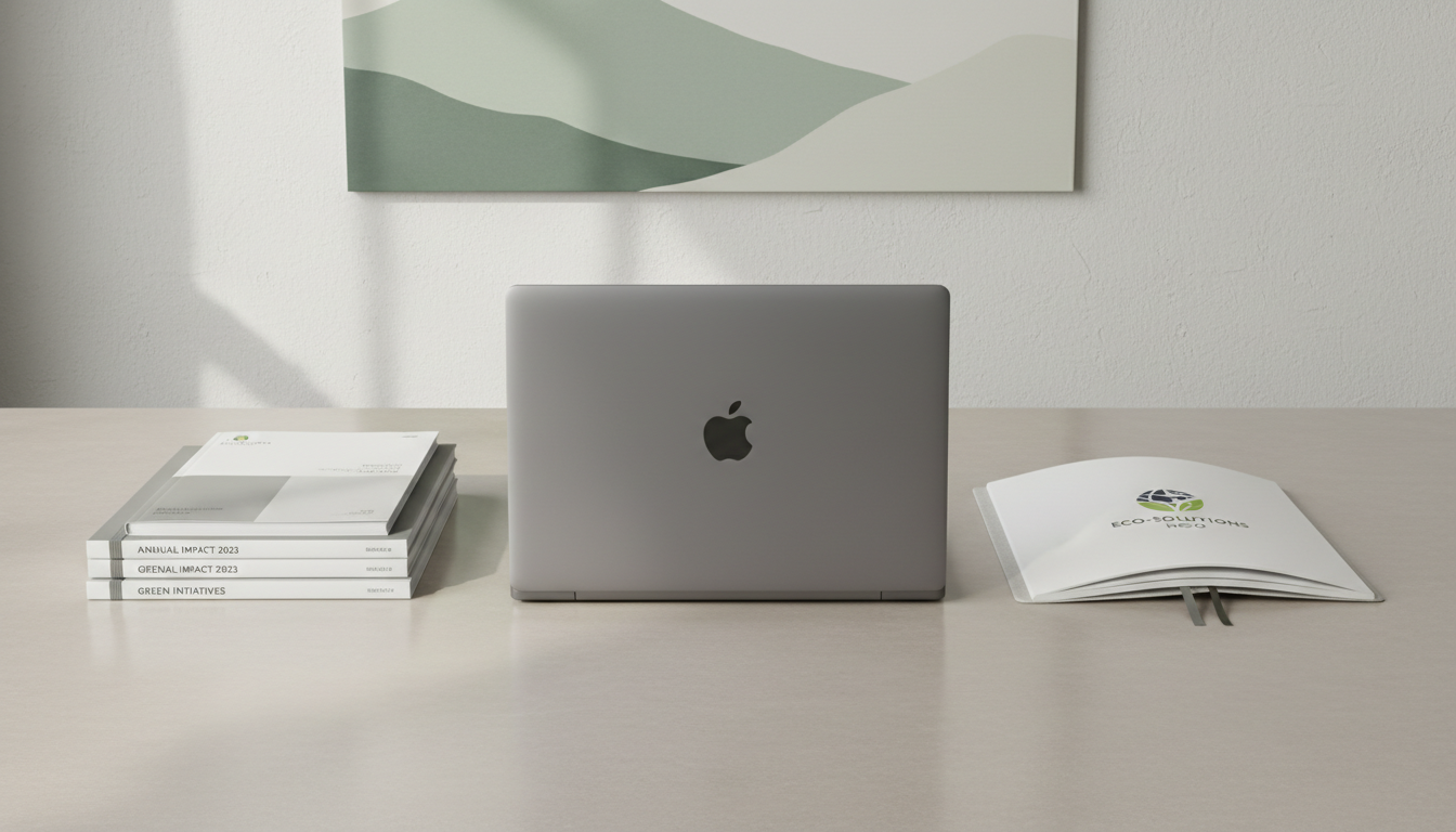 A well-organized, professional workspace featuring a closed, matte-grey laptop, a recycled paper notebook with embossed NGO logo, and a neatly aligned stack of sustainability reports bound in minimalist grey and white covers. These items are arranged symmetrically on a sleek, neutral table surface against a background of pale, textured walls adorned with a subtle corporate art print depicting abstract green landscape motifs. Soft, indirect daylight from an unseen window casts crisp yet gentle shadows, bringing out the clean lines and orderliness of the setting. The camera uses a straight-on, eye-level angle with sharp focus and a balanced composition, fostering a mood of calm, clarity, and professionalism. The style is photorealistic, aligned with a structured, corporate nonprofit brand.